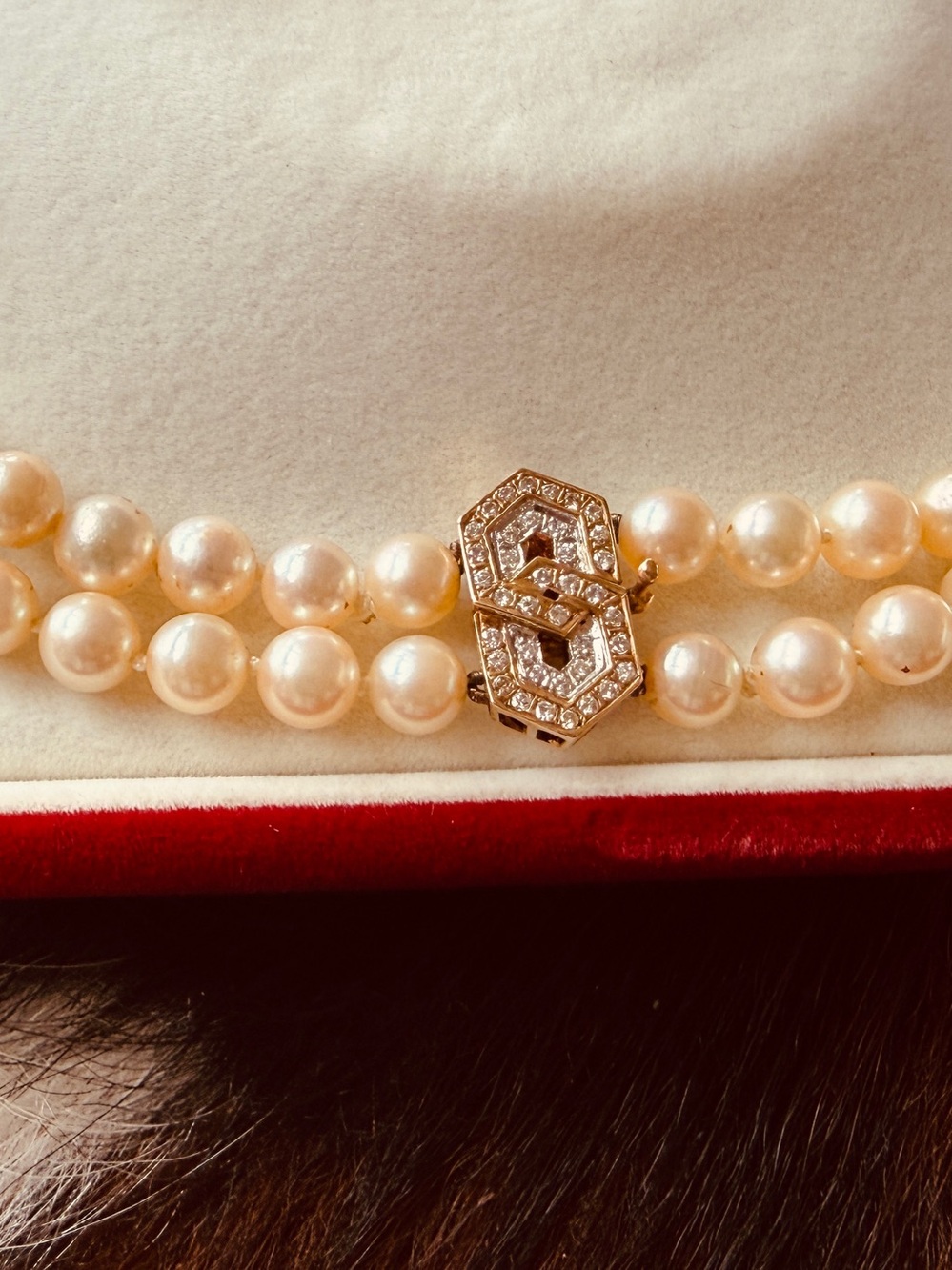 Classic Double Strand Cultured Pearl Necklace with Art Deco Diamond Clasp